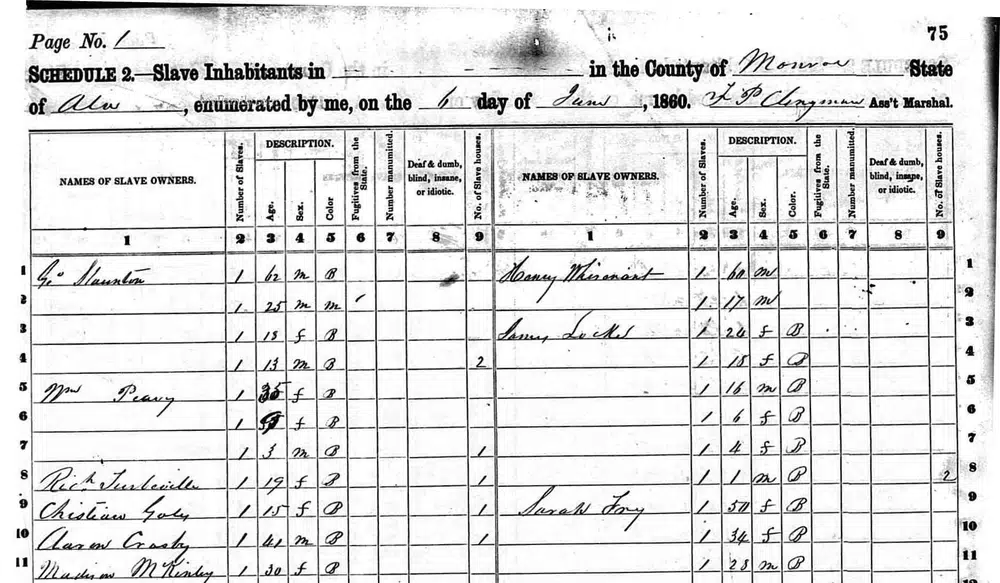 A count of slaves in Monroe County, Ala., for the 1860 census. Census Bureau.