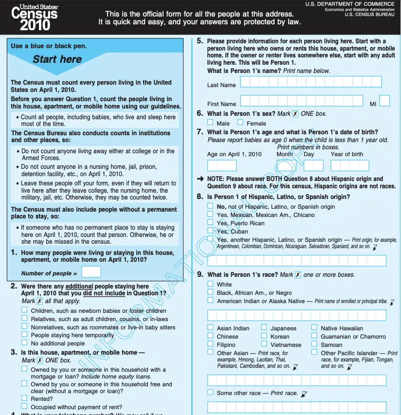A 2010 census questionnaire. Census Bureau.