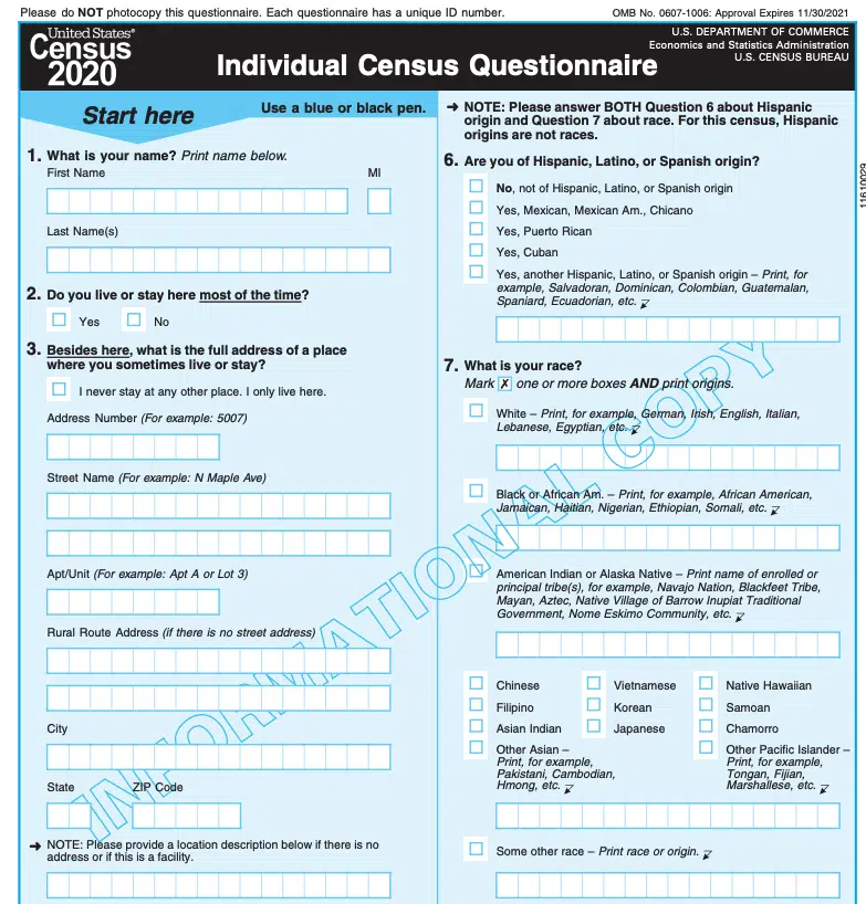 A 2020 census questionnaire. Census Bureau.