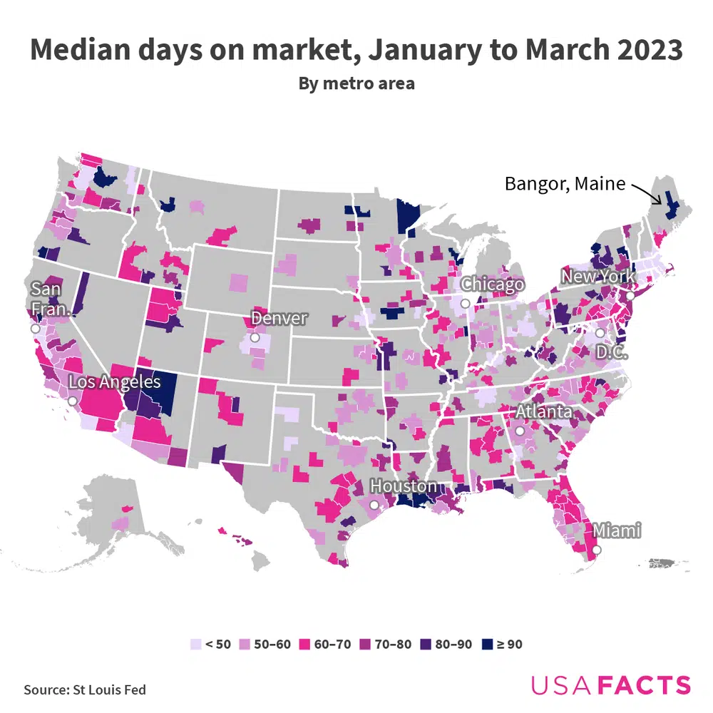 A map of median days on the market for home markets nationwide.