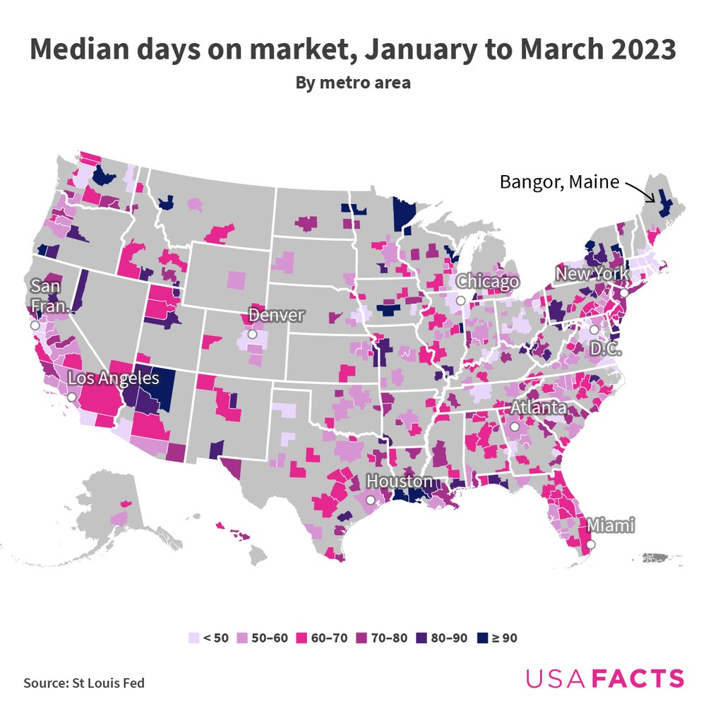 A map of median days on the market for home markets nationwide.