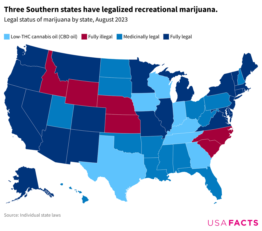 A map of the US showing different levels of marijuana legalization by state.