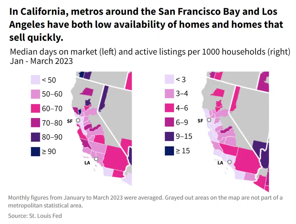 Side by side maps of California showing median days on market and housing supply.