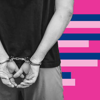 CRIME 08 Arrests Prisoner Handcuffs Bars Clustered Blue Pink
