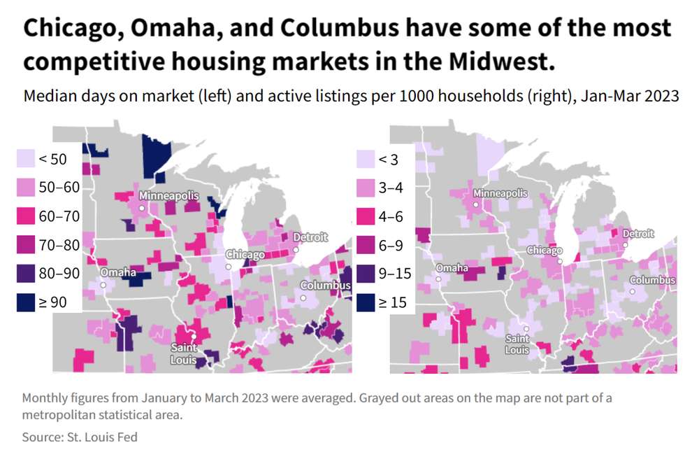 Side by side maps of upper midwestern US showing median days on market and housing supply.