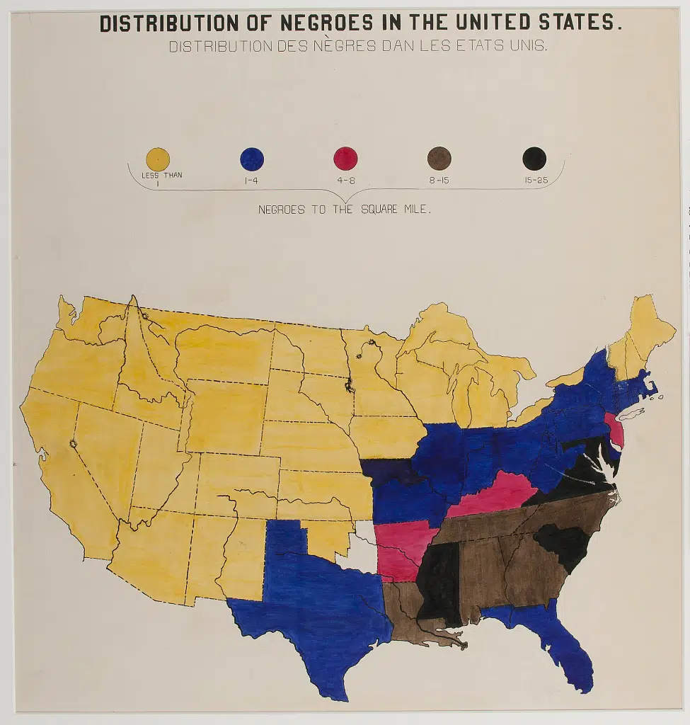 Map showing distribution of Black Americans created by W.E.B. Du Bois and team for the 1900 Paris Exposition. (Library of Congress)