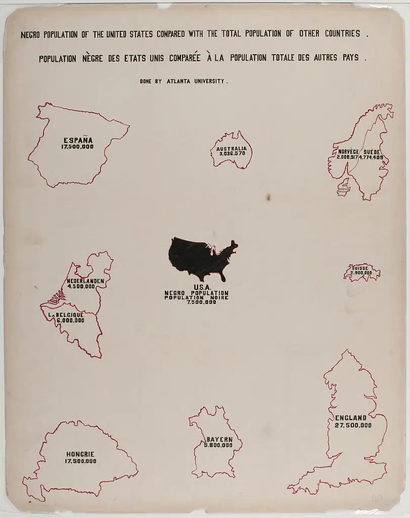Illustration comparing the population of Black people in the US with the total population of European countries created by W.E.B. Du Bois and team for the 1900 Paris Exposition. (Library of Congress)