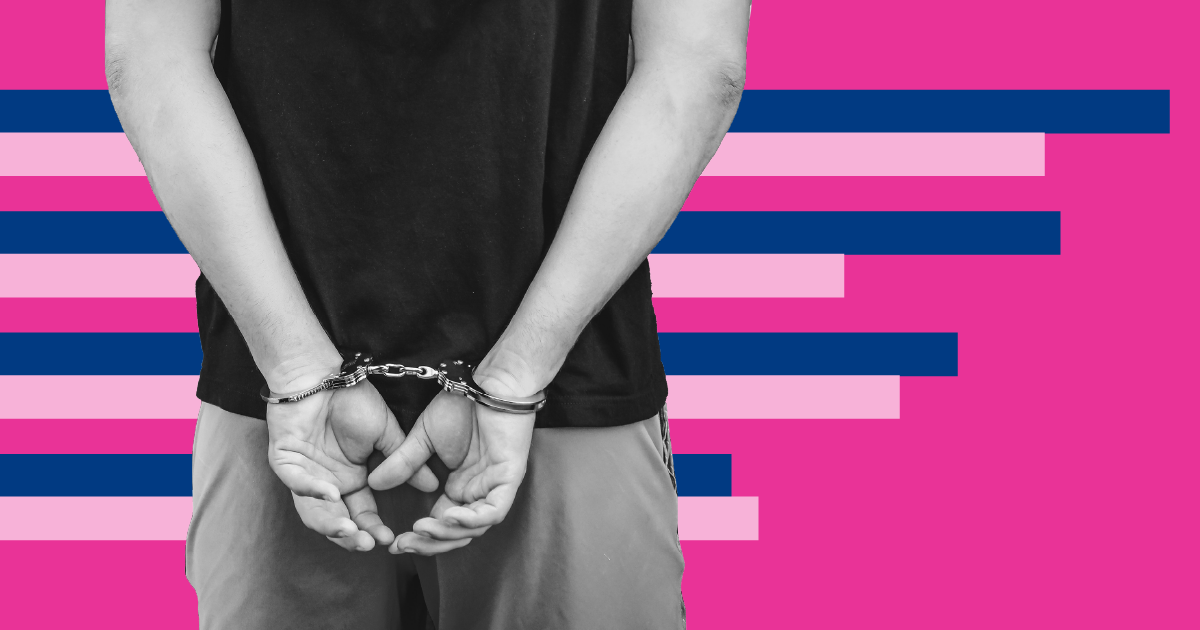 CRIME 08 Arrests Prisoner Handcuffs Bars Clustered Blue Pink