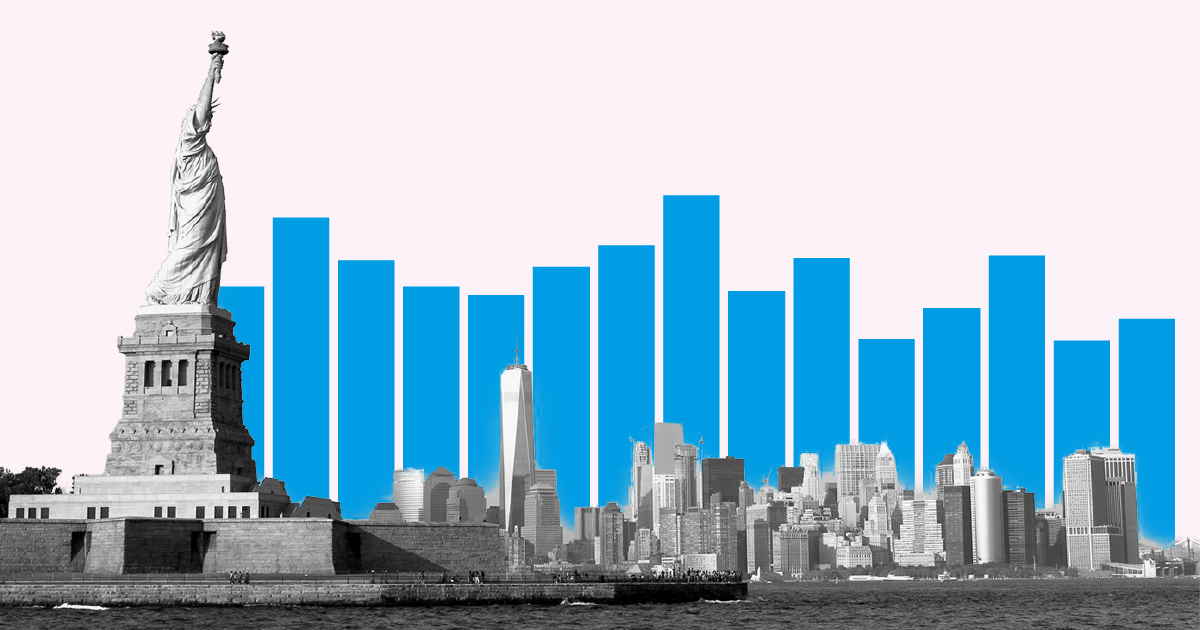 IMMIGRATION 01 Statue Liberty NYC City Skyline Bars blue