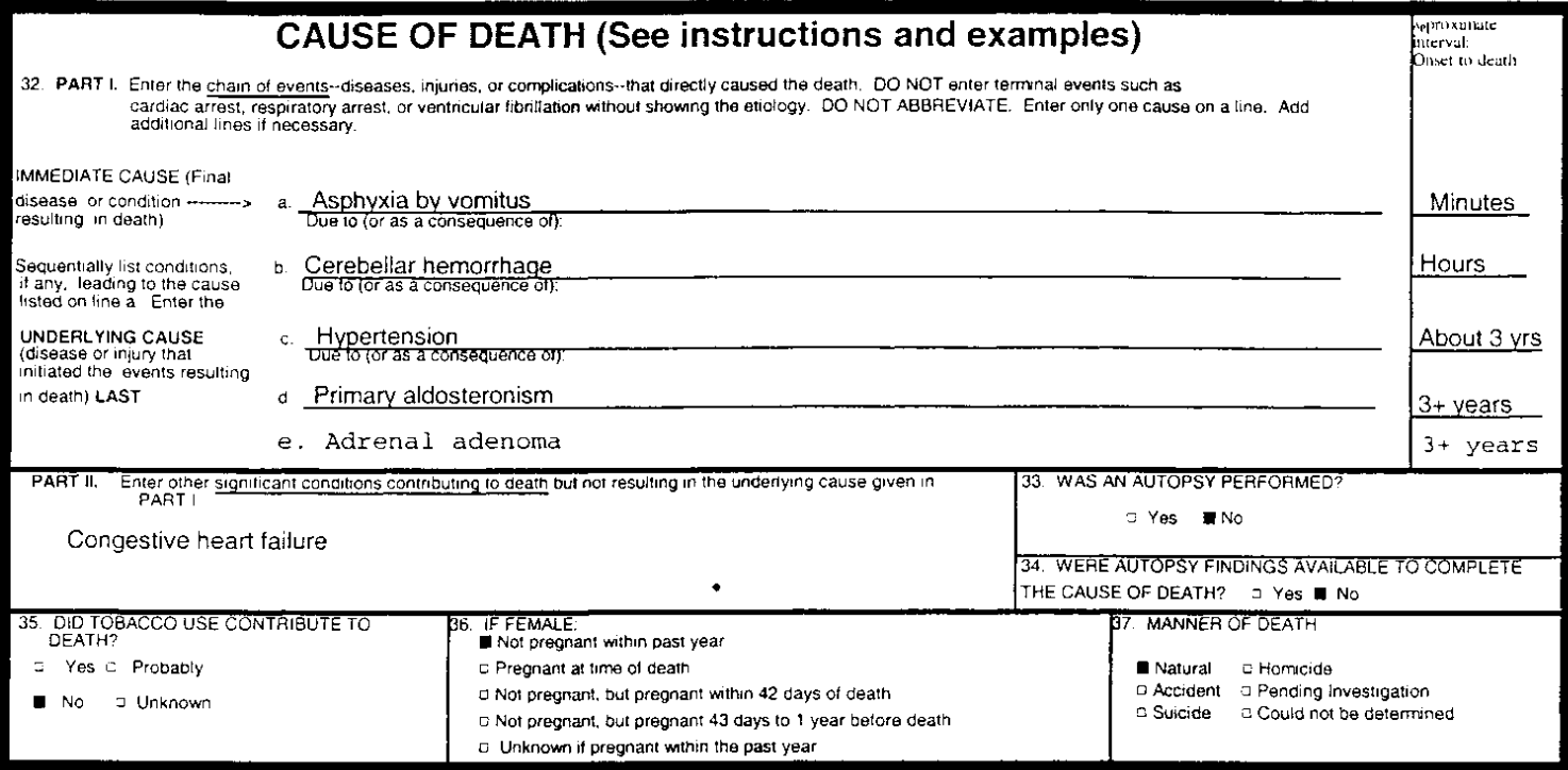A sample death certificate provided by the CDC.
