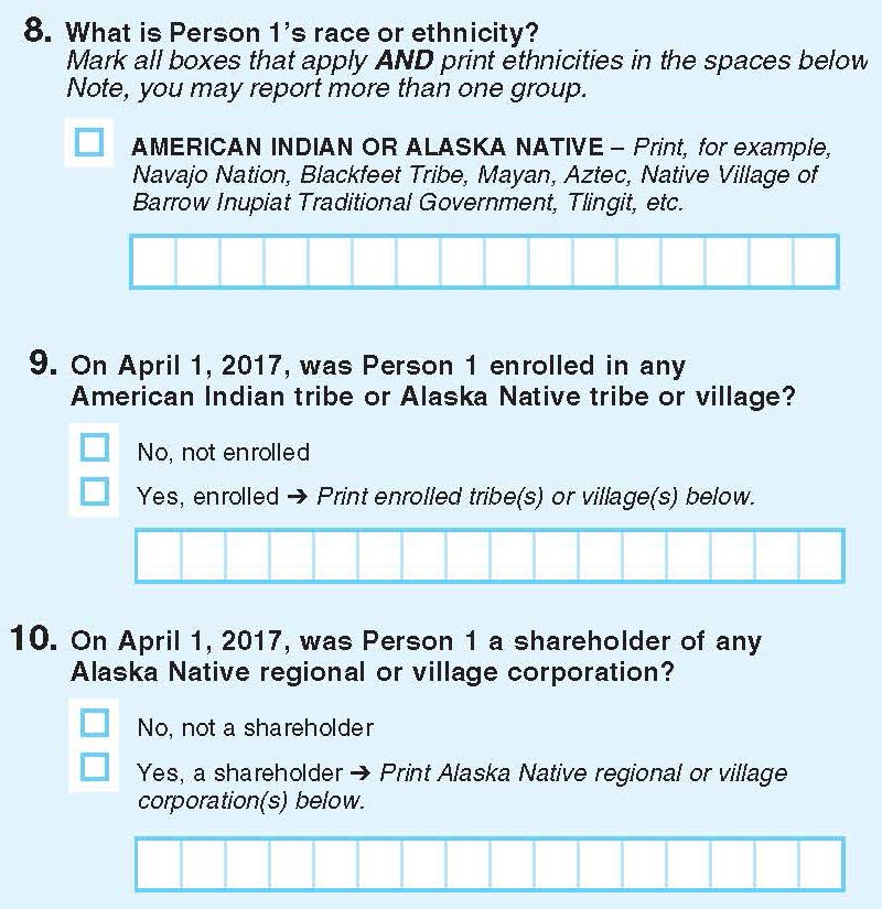 A sample of a 2017 Census test asking about tribal affiliation